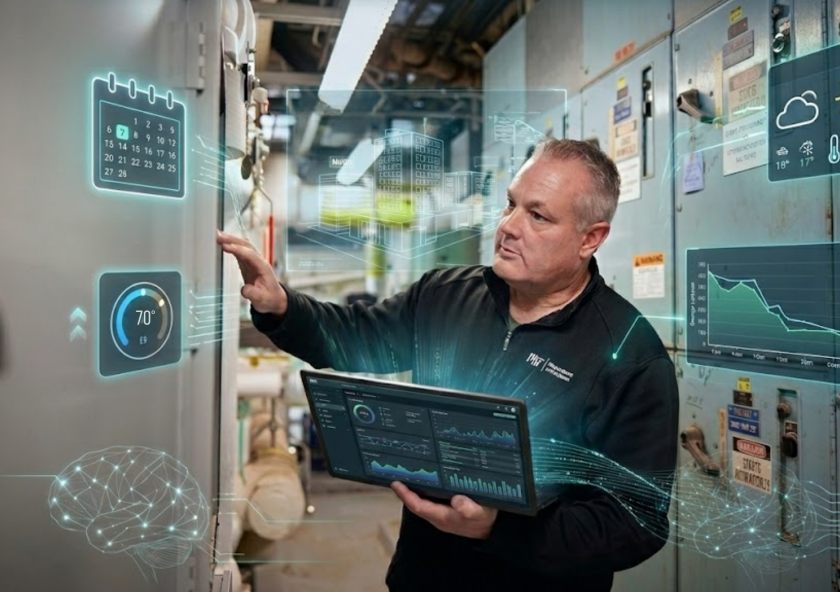 A man in a control room interacts with floating digital interfaces displaying calendar, temperature, weather, graphs, and AI data, conveying a futuristic tone.
