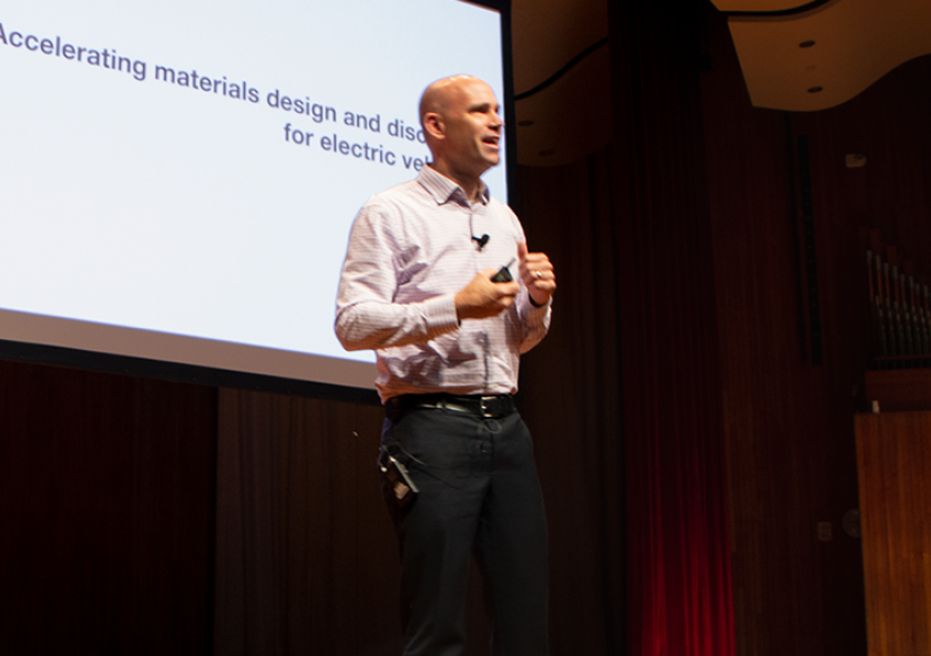 Brian Storey, director of accelerated materials design and discovery at Toyota Research Institute, speaks at the MIT MRL Materials Day Symposium.Photo: Denis Paiste/Materials Research Laboratory