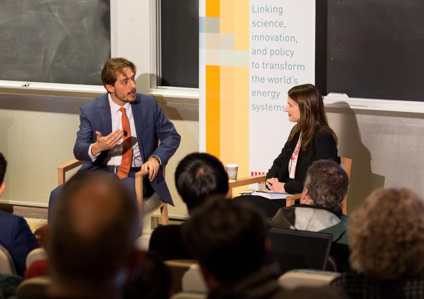 Bruno Verdini discusses strategies for natural resources negotiation with MIT Energy Initiative Communications Director Emily Dahl at a MITEI seminar.Photo: Kelley Travers/MIT Energy Initiative