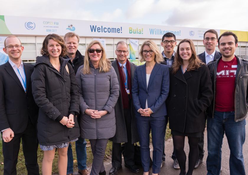 Members of the MIT delegation to the 2017 UN Climate Change Conference gather outside the venue in Bonn, Germany (l-r): Jonas Knapp, Laur Hesse Fisher, Michael Casey, Kathleen Kennedy, Thomas Malone, Jessika Trancik, Stephen Lee, Morgan Edwards, To...