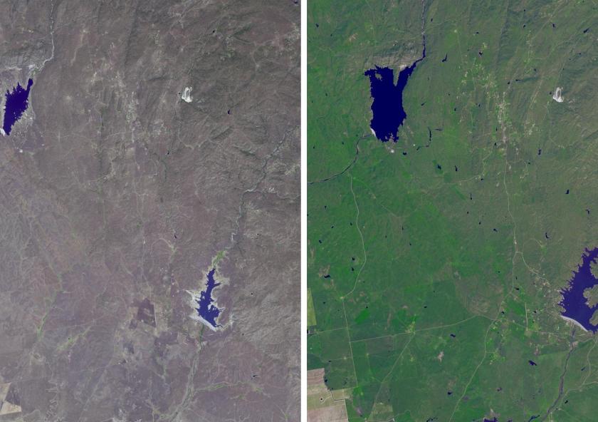 
              The effects of California’s severe multiyear drought are seen in this pair of images acquired by NASA Terra spacecraft of the area northeast of Madera, in the Sierra Nevada Mountains foothills between Yosemite National Park and th...