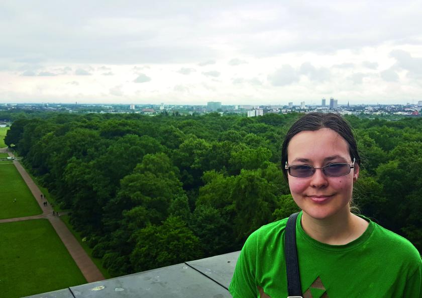 Carissa Skye a third-year physics major who interned at Shell in Hamburg, Germany, poses at the top of the Hamburg Planetarium.Photo: Noa Knoerl-Morrill