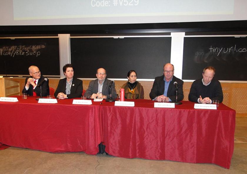 On Jan. 25, the MIT Climate Action Team organized a carbon-pricing panel that included (from left to right) Massachusetts State Sen. Michael Barrett, State Rep. Jennifer Benson, Climate XChange Research and Policy Director Marc Breslow, Associat...