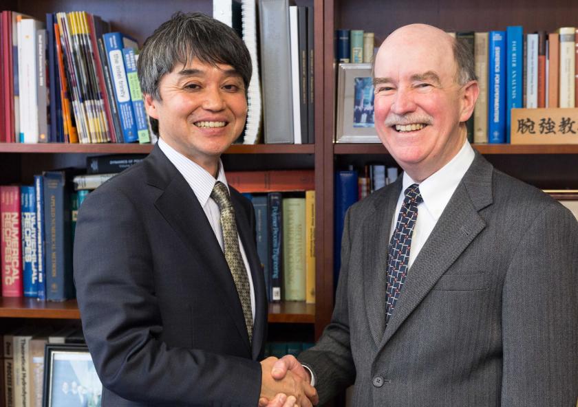 Kouichi Murakami (left), general manager of corporate research and development at IHI Corporation, meets with MIT Energy Initiative Director Robert Armstrong.Photo: Kelley Travers
