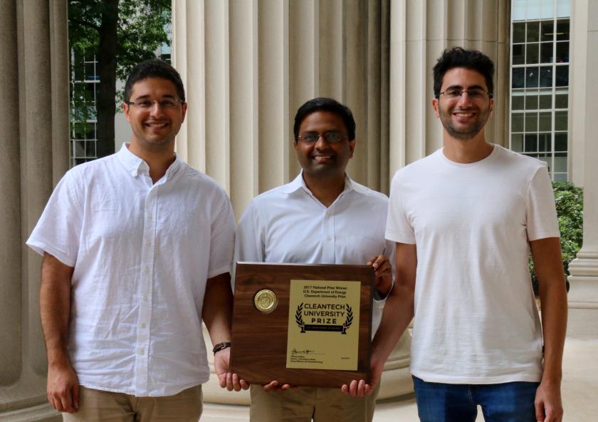 Left to right: Infinite Cooling researchers graduate student Karim Khalil, associate professor of mechanical engineering Kripa Varanasi, and graduate student Maher Damak.Photo: Alexi Taylor Ko