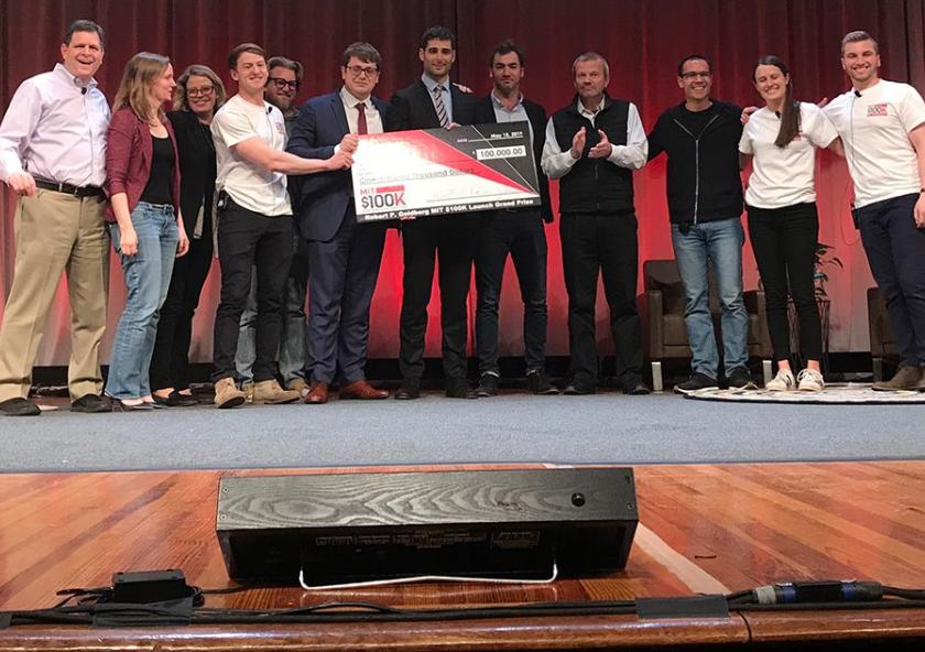 Acoustic wells chief operating officer Charles-Henri Clerget (sixth from left), chief executive officer Sebastien Mannai SM ’14 PhD ’18 (sixth from right), and chief technology officer Louis Creteur (fifth from right) pose with judges an...
