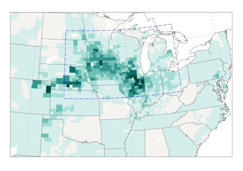 Maps depict the close correlation of crop production, rainfall and temperature in the U.S. Midwest in the last half of the 20th century. In this map, the number of bushels of corn produced are shown in shades of green.
Courtesy of researchers