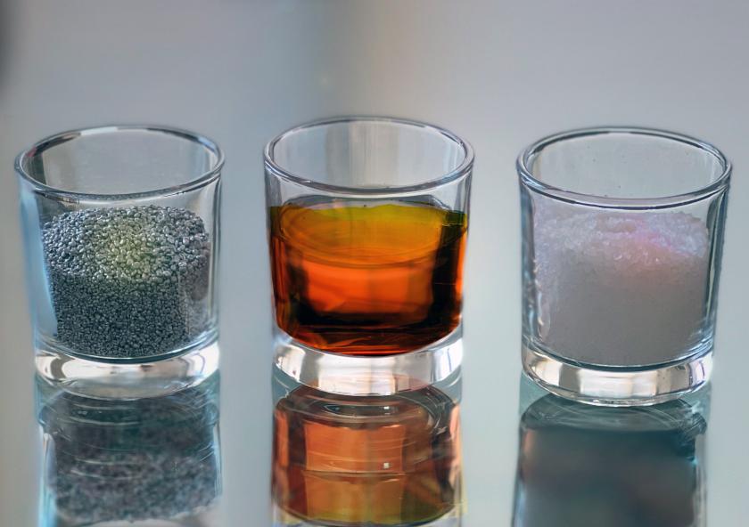 The three primary constituents of the battery are aluminum (left), sulfur (center), and rock salt crystals (right). All are domestically available Earth-abundant materials not requiring a global supply chain.
Image...
The three primary constituents of the battery are aluminum (left), sulfur (center), and rock salt crystals (right). All are domestically available Earth-abundant materials not requiring a global supply chain.
Image...