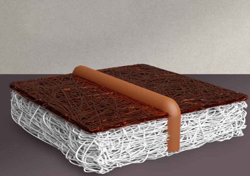 A conceptual schematic of the new woven electrode design. Researchers wove a series of conductive copper wires (the brown-orange pipe) through a very thin membrane to reach the catalyst. A conceptual schematic of the new woven electrode design. Researchers wove a series of conductive copper wires (the brown-orange pipe) through a very thin membrane to reach the catalyst.