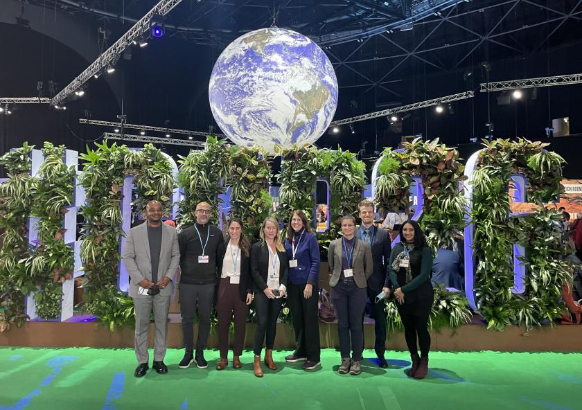 
              Members of MIT’s COP26 delegation stand for a portrait on Nov. 8. Approximately 20 individuals from MIT attended the conference. Left to right: Luis Gilberto Murillo-Urrutia, John Fernández, and Marcela Angel of the Environmenta...