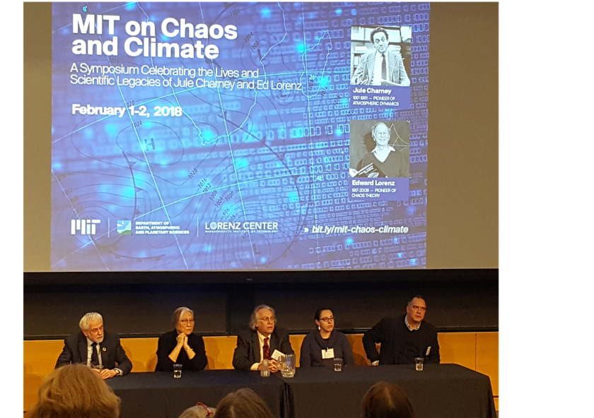 Robert van der Hilst moderates the symposium's day-two panel consisting of Sir Brian Hoskins, Inez Fung, Kerry Emanuel, Allison Wing and John Bush.Photo: Lauren Hinkel