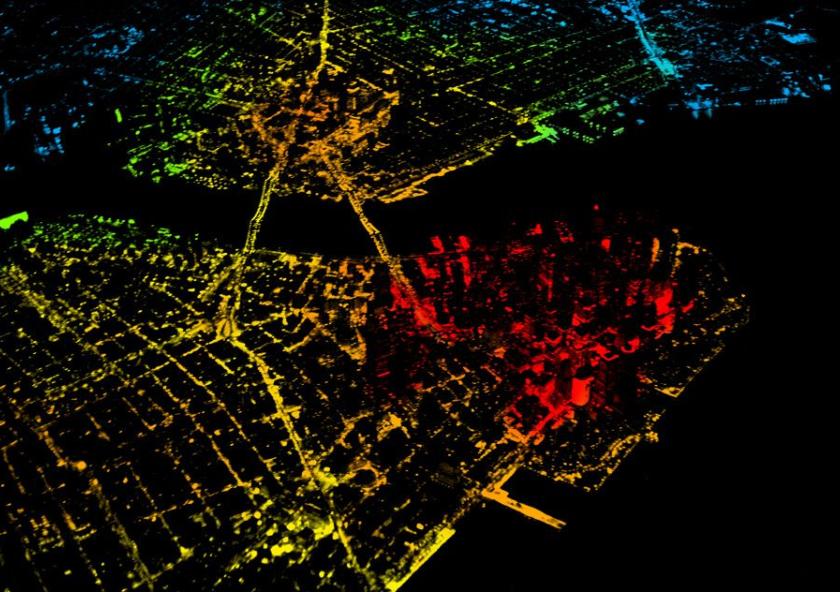 Nighttime image of New York City, with the red showing a large population density. “The adoption potential of electric vehicles is remarkably similar across cities, from dense urban areas like New York, to sprawling cities like Houston. This goe...