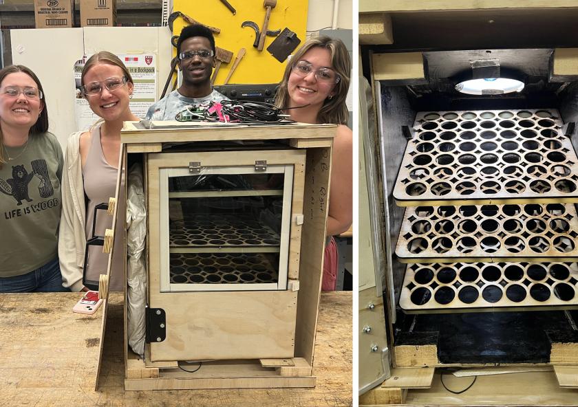 Students in the D-Lab course 2.651 / EC.711 designed an egg incubator system for rural poultry farmers in Cameroon. From left to right: Lilly Heilshorn, Maeve McGinnis, Jamel Merritt, and Gracie Goll. Students in the D-Lab course 2.651 / EC.711 designed an egg incubator system for rural poultry farmers in Cameroon. From left to right: Lilly Heilshorn, Maeve McGinnis, Jamel Merritt, and Gracie Goll.