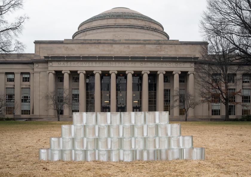 Here, the manufactured glass bricks are assembled together in a wall configuration in Killian Court. Here, the manufactured glass bricks are assembled together in a wall configuration in Killian Court.