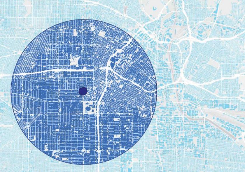 A new study found that cities with an orderly pattern, like the street grid seen in most of this map, have a much greater urban heat island effect than those with a more disorderly pattern, such as areas in the upper right. 
Courtesy of the researchers