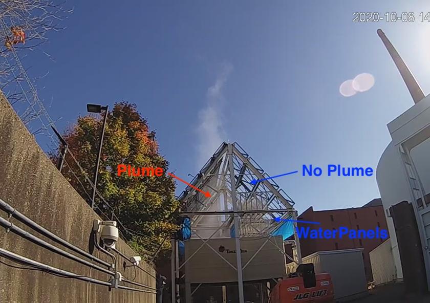 
              The cooling tower of MIT’s nuclear plant has demonstrated the effectiveness of the new water recovery system. The right side of the tower has the new system installed, eliminating its plume of vapor, while the untreated left sid...