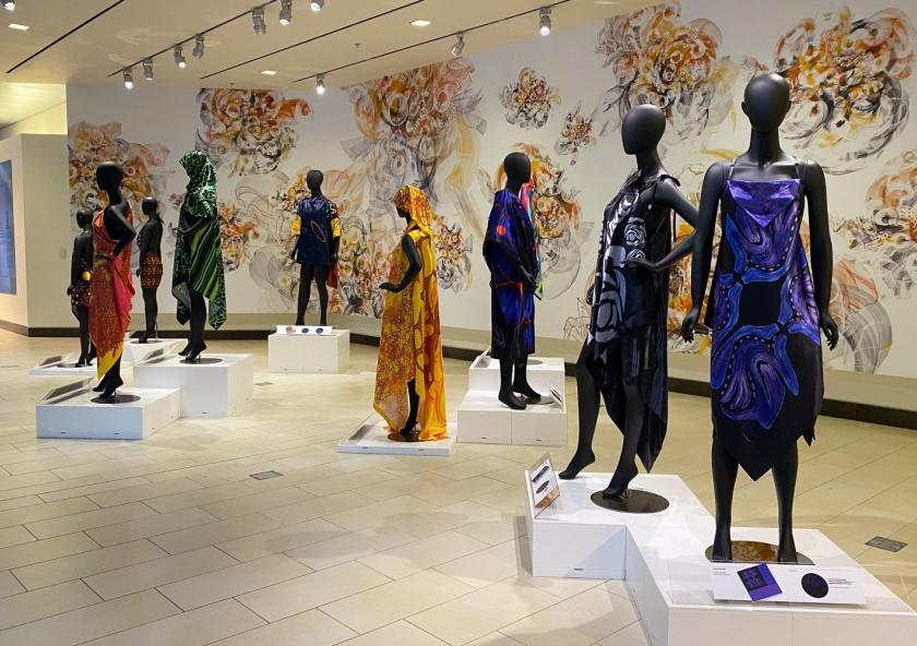 The Science Surfaces exhibition features student-designed fashion inspired by MIT biomedical research images.
Photo courtesy of the Koch Institute.
The Science Surfaces exhibition features student-designed fashion inspired by MIT biomedical research images.
Photo courtesy of the Koch Institute.