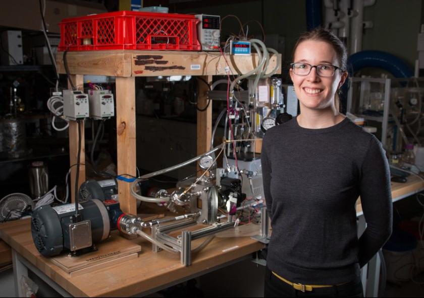 Emily Tow PhD '17, displays equipment she developed to measure the effects of different pressure levels on the way microorganisms build up on membranes used for desalinating water.Courtesy of the researchers Emily Tow PhD '17, displays equipment she developed to measure the effects of different pressure levels on the way microorganisms build up on membranes used for desalinating water.Courtesy of the researchers