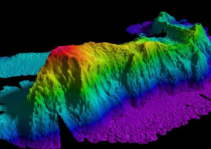 A map of a seamount in the Arctic Ocean created by gathering data with a multibeam echo sounder. Researchers have found that such topographic features can trap deep waters and produce turbulence.Image courtesy of National Oceanic and Atmospheri...