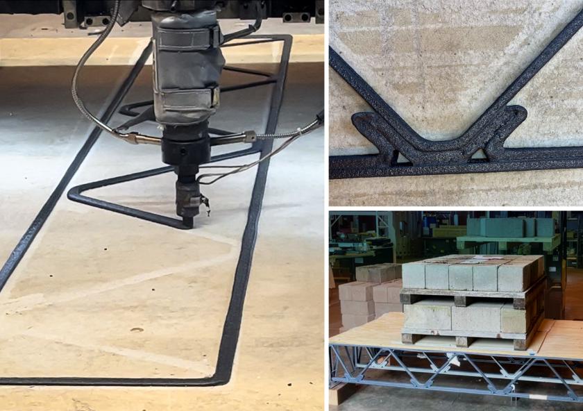 On left, the MIT HAUS large format 3D printer system deposits the first layer of a polymer composite 3D printed floor truss. A closeup of a notched joint is seen on right, and the assembled floor system undergoing a bending test with a ~2,000lb concrete block load in the center. 