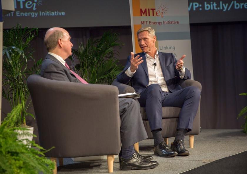 Harry Brekelmans, right, the projects and technology director for Royal Dutch Shell, speaks with MITEI co-founder and director Robert Armstrong.
Photo: Kelley Travers