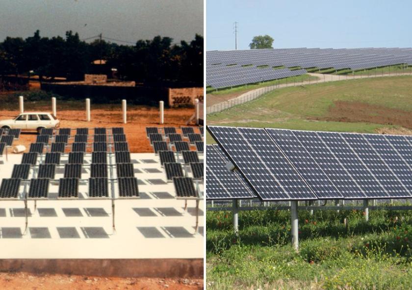 Photos show a solar installation from 1988 (left) and a present-day version. Though the basic underlying technology is the same, a variety of factors have contributed to a hundredfold decline in costs. Now, researchers have identified the relativ...