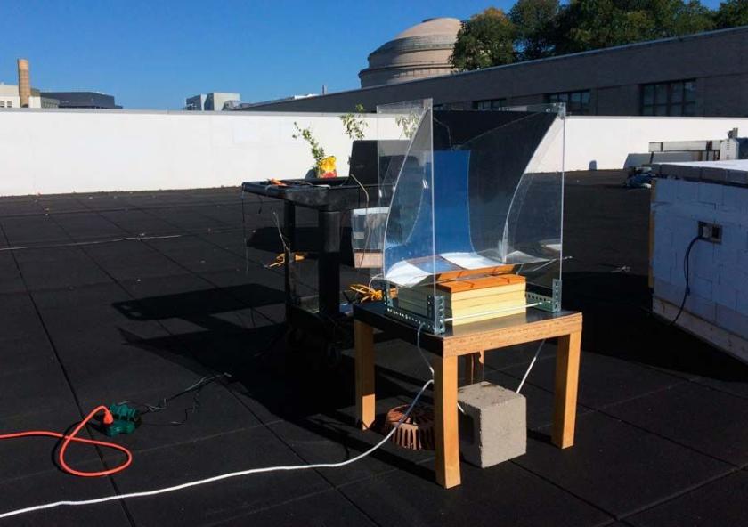 In this experiment, the new steam-generating device was mounted over a basin of water, placed on a small table, and partially surrounded by a simple, transparent solar concentrator. The researchers measured the temperature of the steam produced ove... In this experiment, the new steam-generating device was mounted over a basin of water, placed on a small table, and partially surrounded by a simple, transparent solar concentrator. The researchers measured the temperature of the steam produced ove...