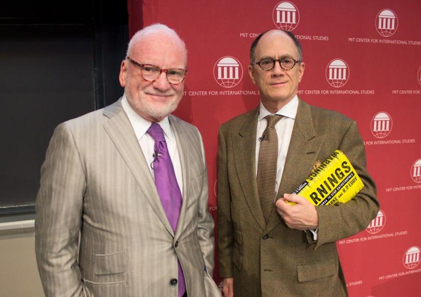 Left to right: Richard Clarke SM ’79, former national coordinator for Security, Infrastructure Protection and Counter-terrorism for the United States; and Joel Brenner, former head of counterintelligence under the Director of National Intelligenc...