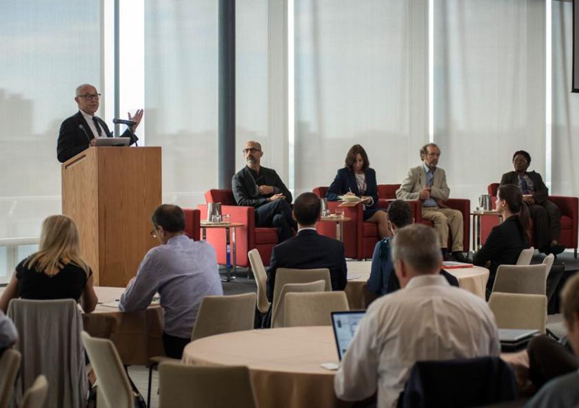 A panel discussion about the U.N. Sustainable Development Goals and their impact on higher education featured, from left, Peter Blaze Corcoran of Florida Gulf Coast University; John Fernandez, director of MIT's Environmental Solutions Initiative...