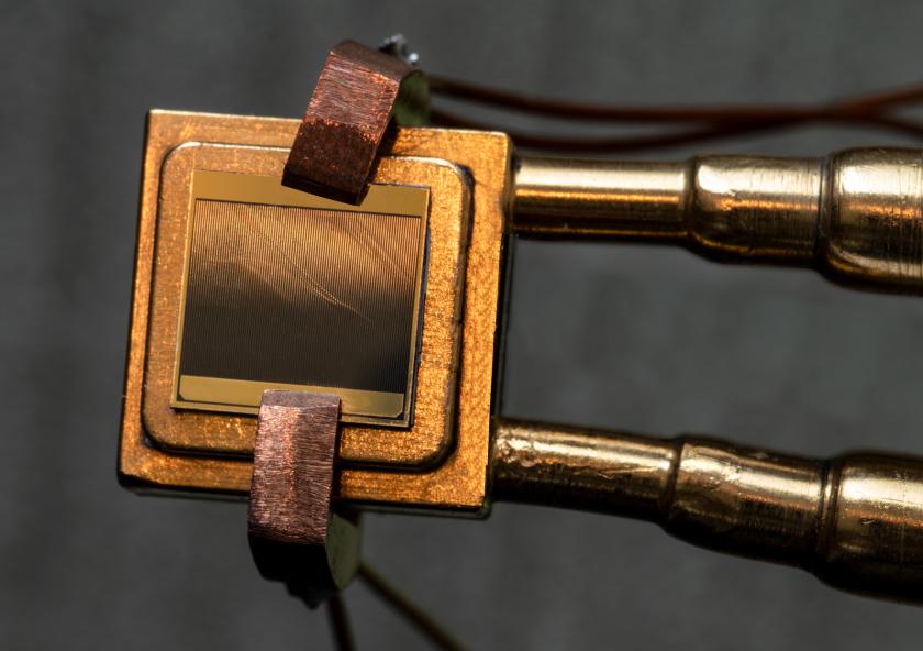 A thermophotovoltaic (TPV) cell (size 1 cm x 1 cm) mounted on a heat sink designed to measure the TPV cell efficiency. To measure the efficiency, the cell is exposed to an emitter and simultaneous measurements of electric power an...
A thermophotovoltaic (TPV) cell (size 1 cm x 1 cm) mounted on a heat sink designed to measure the TPV cell efficiency. To measure the efficiency, the cell is exposed to an emitter and simultaneous measurements of electric power an...