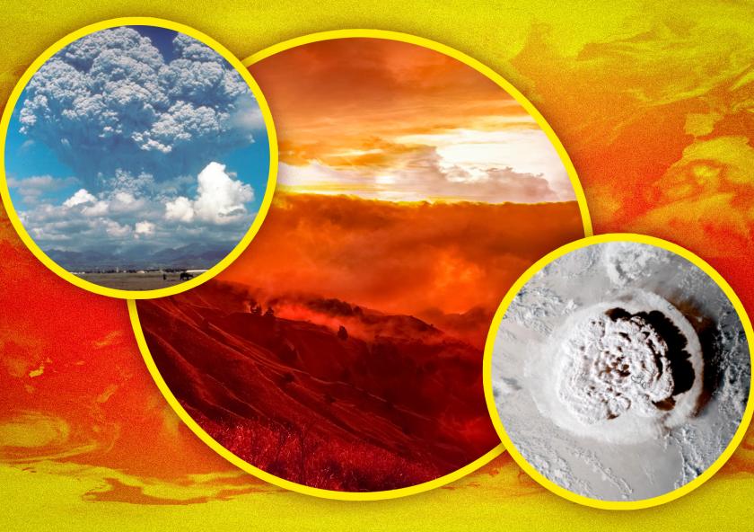 Researchers detected statistically significant changes in global atmospheric temperatures in response to three major natural events: the eruption of Mount Pinatubo in 1991 (inset on left), the Australian wildfires in 2019-2020 (center), and the eruption of the underwater volcano Hunga Tonga in the South Pacific in 2022 (bottom right). 