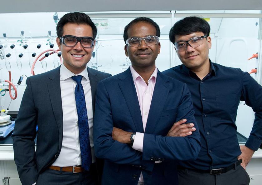 Assistant Professor Karthish Manthiram (center), postdoc Kyoungsuk Jin (right), graduate student Joseph Maalouf (left), and their colleagues are working to help decarbonize the chemical industry by finding ways to drive critical chemical reaction...