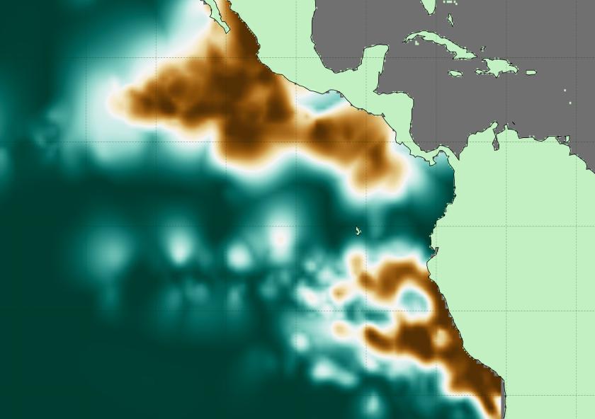 
              Oxygen deficient zone intensity across the eastern Pacific Ocean, where copper colors represent the locations of consistently lowest oxygen concentrations and deep teal indicates regions without sufficiently low dissolved oxygen.
   ...