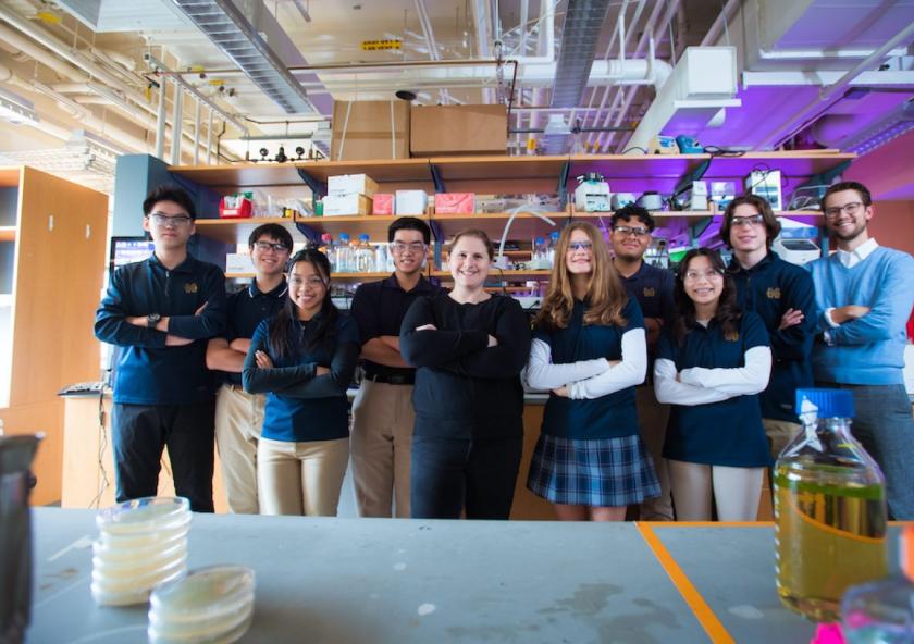 
              Students from Malden Catholic High School worked with MIT chemical engineer Ariel Furst to create electrodes for low-cost microbial fuel cells. Left to right: Chengxiang "Eric" Lou, Christian Ogata, Angelina Ang, Phuc "Vincent...