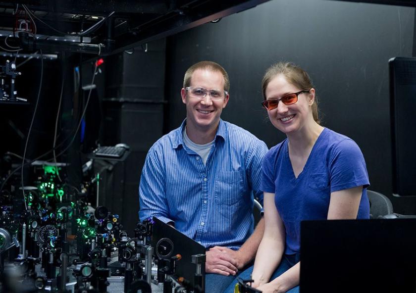 Professor William Tisdale (left), Rachel Gilmore PhD '17, and their colleagues are developing novel methods of synthesizing quantum dot materials for use in solar cells, LEDs, and more. Testing confirms that their new techniques enable them t...