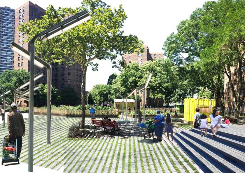 
              Rendering of a "resilience hub" incorporating urban agriculture, from the project proposal of Leventhal City Prize winner Drawing Together. 
              Image courtesy of Local Code Lab + modem + Green City Force.
      