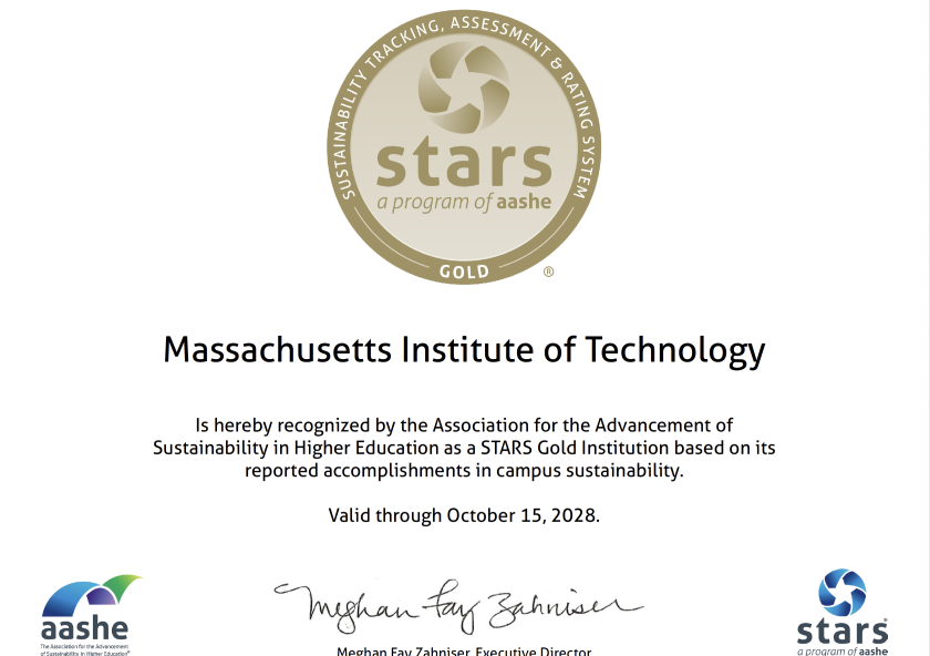 Certificate with a gold circular emblem stating “STARS” at the top. Below, it recognizes MIT for sustainability, valid through October 15, 2028, signed by Meghan Fay Zahniser. Logos for AASHE and STARS are at the bottom.