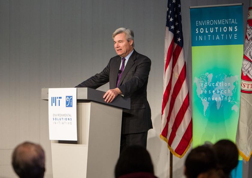 Senator Sheldon Whitehouse was the guest speaker at an MIT Environmental Solutions Initiative People and the Planet lecture.Photo: Casey Atkins