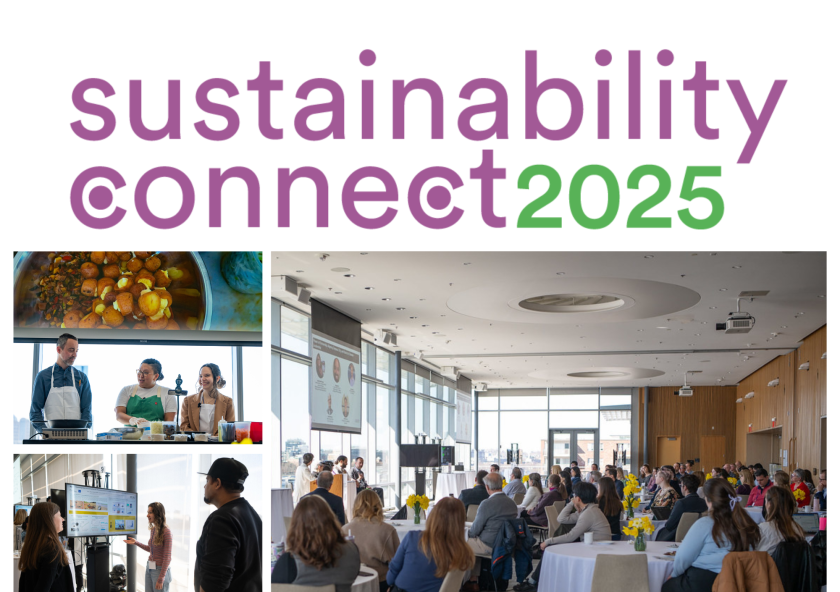 Group discussing sustainability in a bright conference room. Panels show a cooking demo, panel discussion and discussion at a digital display (e-poster presentation). Text reads "Sustainability Connect 2025."