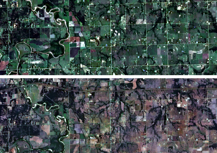 Two views of cropland affected by a 2022 drought in northeastern Oklahoma City, one on June 14 (left) and the other on July 20. “This image shows a compelling story that the Oklahoma City drought destroyed crops in just around 3... 
              Two views of cropland affected by a 2022 drought in northeastern Oklahoma City, one on June 14 (left) and the other on July 20. “This image shows a compelling story that the Oklahoma City drought destroyed crops in just around 3...