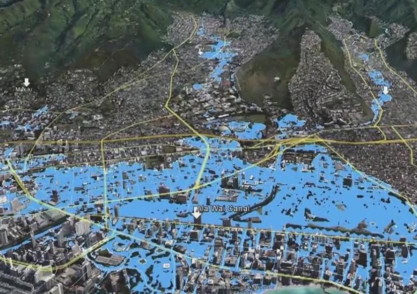 An Army Corps of Engineers flood model depicting the Ala Wai watershed after a 100-year rain event. The owner of a local design firm described the Ala Wai Flood Control Project as the largest climate impact project in Hawai's modern history.Image...