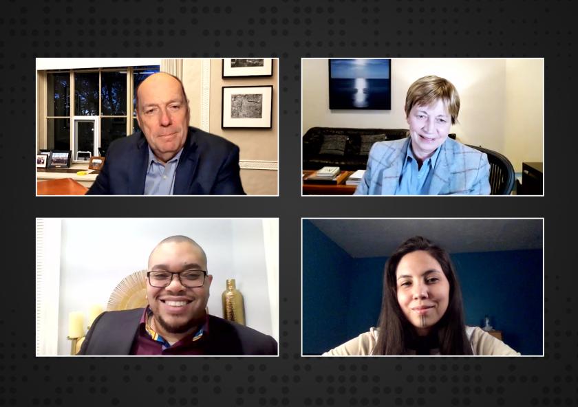 
              Event speakers included (clockwise from top left) Provost Martin Schmidt, Vice President for Research Maria Zuber, linguistics graduate student Annauk Denise Olin, and faculty member Asegun Henry. 
          