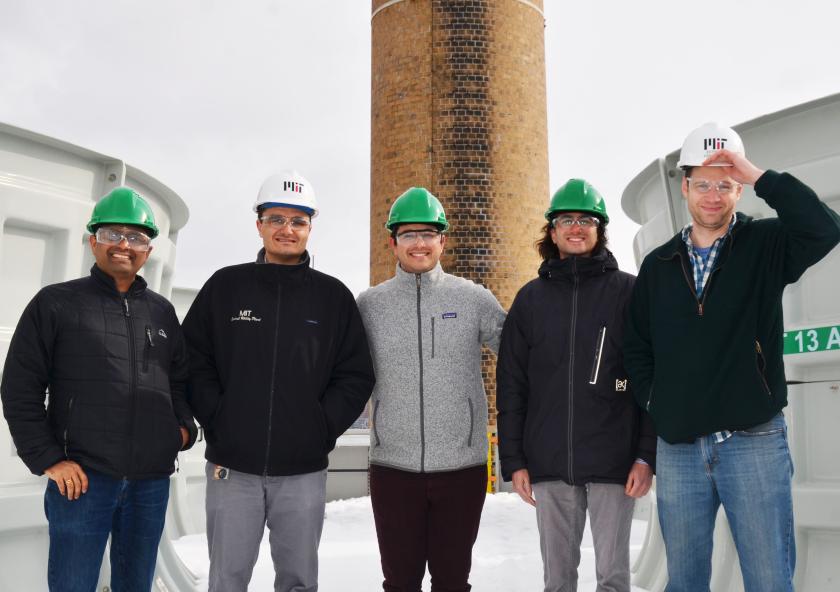 The Varanasi research group visits the MIT Central Utilities Plant cooling towers, where they will test their water-recapture technology with support from the new Campus Sustainability Incubator Fund. Photo: Paul Wolff/MITOS