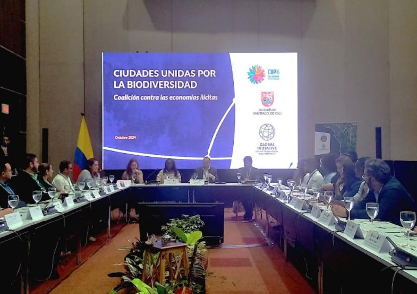 Attendees gather for an official side event at COP16’s Cities Summit called the “Launch of the Coalition of Cities Against Illegal Economies Affecting the Environment.” It was preceded by Alejandro Eder, mayor of Cali, and featured a research presentation by the ESI and Javeriana University on the Biogeographic Chocó Region. 