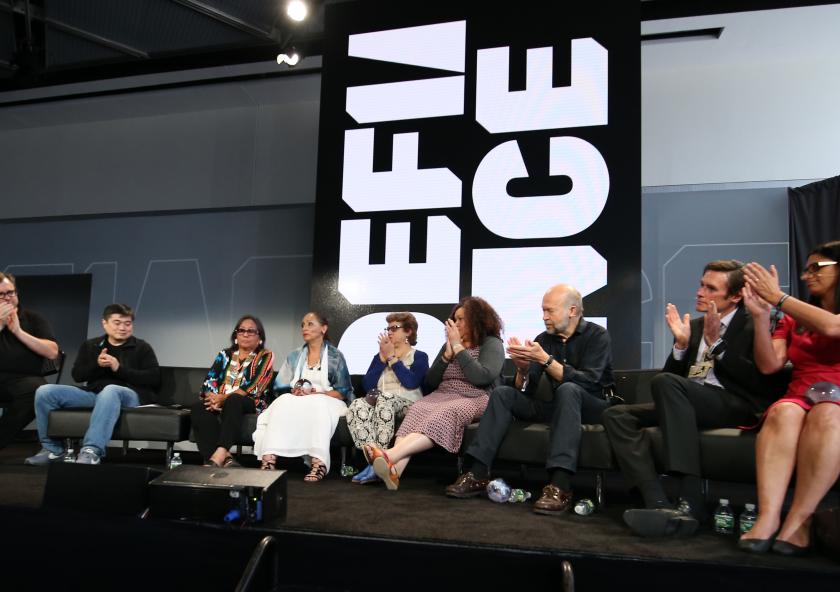 Left to right: LinkedIn co-founder Reid Hoffman and Media Lab Director Joi Ito joined Disobedience Award finalists Phyllis Young and LaDonna Brave Bull Allard; Betina Kaplan and Lorgia García-Peña; and James Hansen; along with winners Marc Edward...
