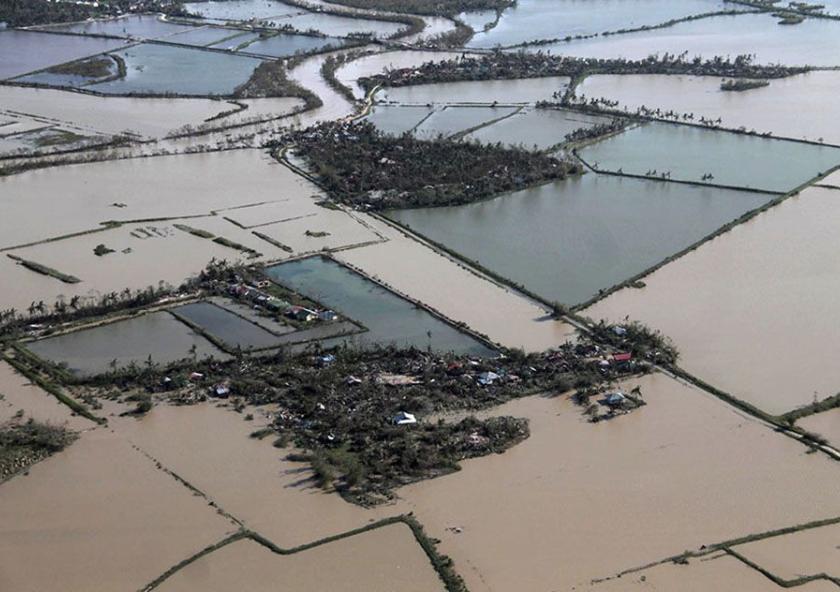 An aerial view shows flooded rice fields after Typhoon Haiyan hit Iloilo Province in central Philippines.