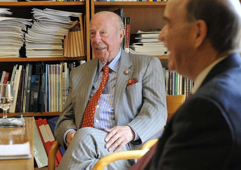 George Shultz (left) and Robert Armstrong at a March 2013 meeting in Washington, where MIT and Stanford University's Hoover Institution held a workshop on game-changing technologies to achieve sustained economic growth and addres...
George Shultz (left) and Robert Armstrong at a March 2013 meeting in Washington, where MIT and Stanford University's Hoover Institution held a workshop on game-changing technologies to achieve sustained economic growth and addres...