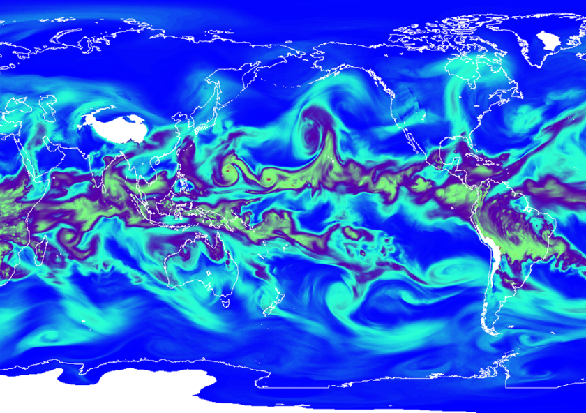 This image shows humidity in the lower atmosphere in a global high-resolution model used to study the effect of climate change on weather extremes.Image courtesy of Paul O'Gorman.