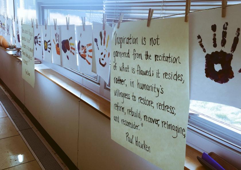 
              Painted handprints and inspirational quotes greeted participants in a workshop about humans' impacts on the environment, both positive (handprints) and negative (footprints). The workshop featured a talk by MIT’s Gregory Norris. 
 ...