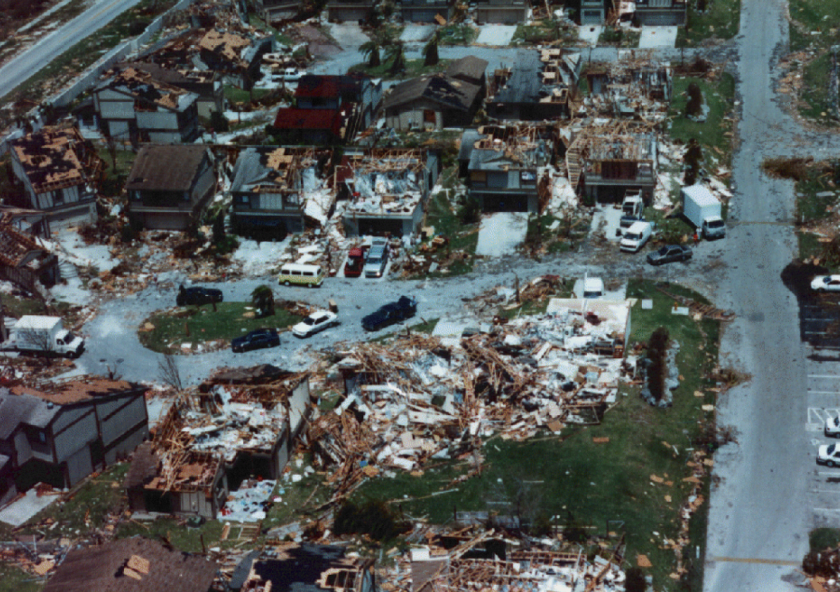 
              The residential community Lakes by the Bay, Florida, was devastated by Hurricane Andrew's winds in 1992.
              Photo courtesy of NOAA.
      